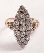Impressive antique oval 21 diamond cluster ring, gold shank tests as high carat. Old cut diamonds,