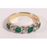 18ct gold emerald and diamond ring, three emeralds & 3 diamonds, ring size O/P, 4.6g.