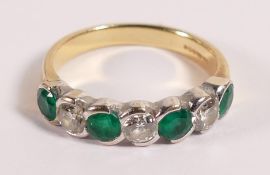 18ct gold emerald and diamond ring, three emeralds & 3 diamonds, ring size O/P, 4.6g.
