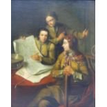 18th century or earlier. Reading the Map, Oil, canvas laid on board. Indistinctly signed and