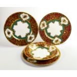 De Lamerie Fine Bone China heavily gilded Royale pattern dinner plates & shallow bowl, specially