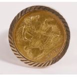 Gold half sovereign dated 1900, mounted in 9ct gold shank,size P, 10g.