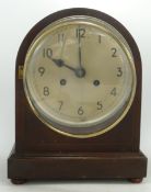 Large inlaid mantle clock, in carpenter made box, height 28.5cm