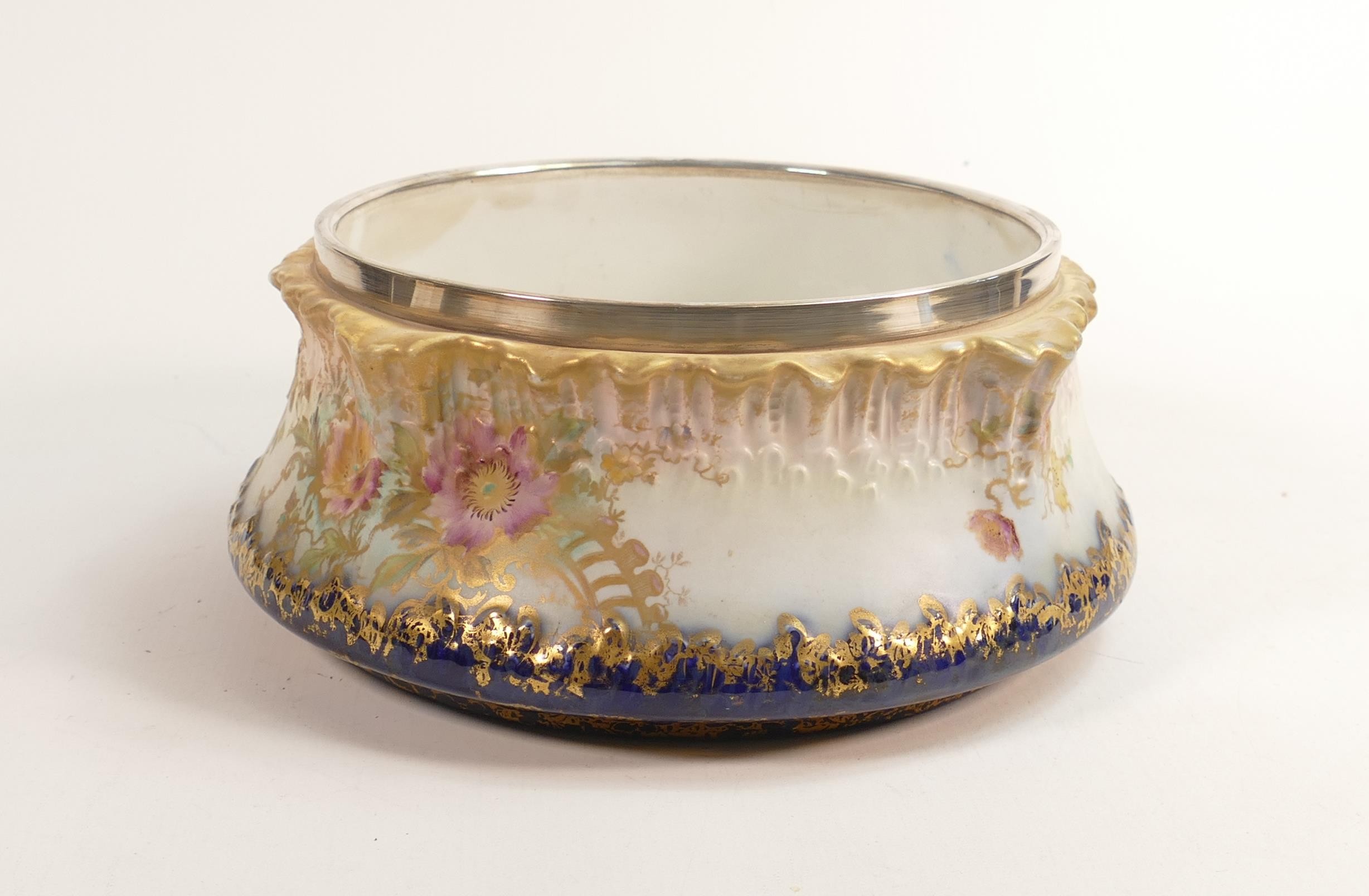 Carlton Blush ware metal mounted fruit bowl with Apvista decoration, by Wiltshaw & Robinson,