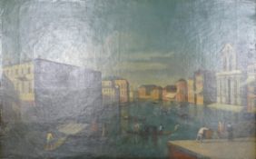Oil painting of Canal in Venice, School of Michele Marieschi, in gilt frame. 59 x 92.5 cm.