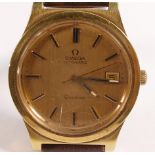 Omega Geneve automatic gentleman's date wristwatch, gold plated case with yellow dial with leather