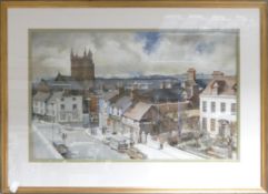 Watercolour by local artist Jim Adams, depicting Newcastle under Lyme Merial Street & High street,