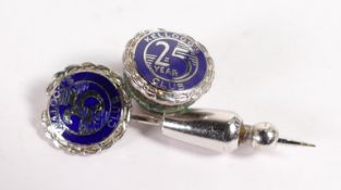 10k white gold "Kellogg's" 25th club tie pin, 2.6g and a 9ct white gold 25th Club tiepin, 3.2g, both