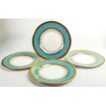 De Lamerie Fine Bone China, heavily gilded Turquoise dinner plates, specially made high end