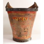 Two 19th century iron bound painted leather fire buckets, one with Hengrave Hall painted text outer,