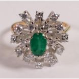 18ct gold Emerald and diamond cluster dress ring, centre oval emerald surrounded by 18 diamonds,