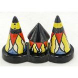 Lorna Bailey cruet set consisting of salt & pepper pots and mustard pot on base 14cm long. Marked (