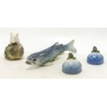 Royal Copenhagen model of a Trout 2169, L16.5cm, 2 x frog on rocks and a mouse on rock. (4)