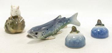 Royal Copenhagen model of a Trout 2169, L16.5cm, 2 x frog on rocks and a mouse on rock. (4)