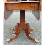 Regency style mahogany drop leaf sofa table with brass castors & one drawer to one end, extended