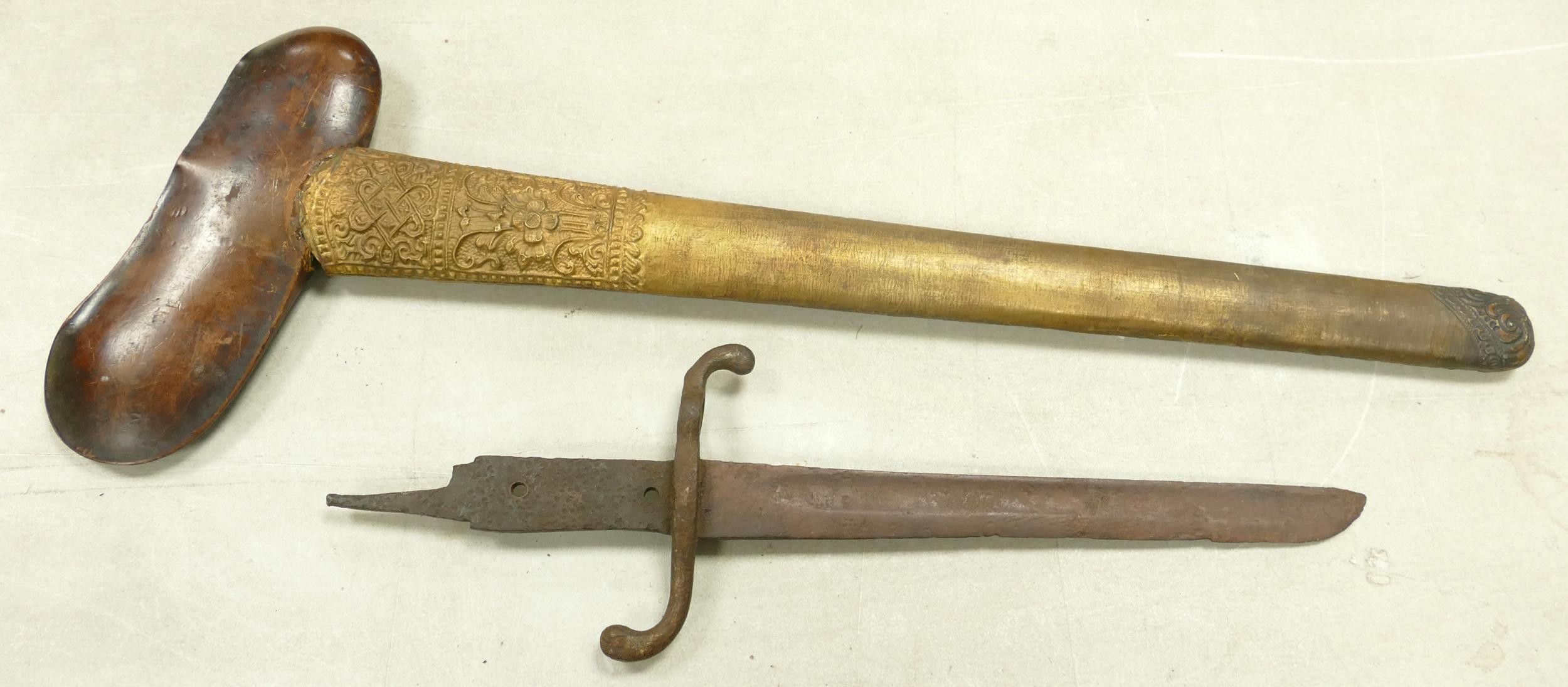 20th century, metal and brass scabbard and handle for Balinese Kris (blade missing) 55cm in