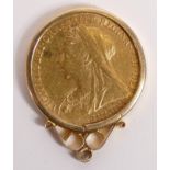 Gold full Victoria sovereign dated 1898, in 9ct gold mount, 9.3g.