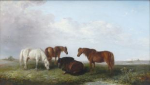 Horses Grazing Att. E R Smythe oil painting 54 x 97cm.