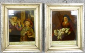 Pair of 18th century style, reverse prints on glass, one tilted Plucking a Fowl, after Rembrandt, by
