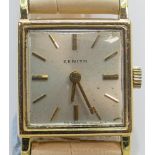 Zenith 18ct gold ladies wrist watch, winds, ticks, sets & runs down. Case measures 19mm inc. button.