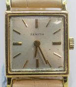 Zenith 18ct gold ladies wrist watch, winds, ticks, sets & runs down. Case measures 19mm inc. button.