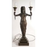 Large 20th century Egyptian bronze Art Deco double lamp base, height 60cm