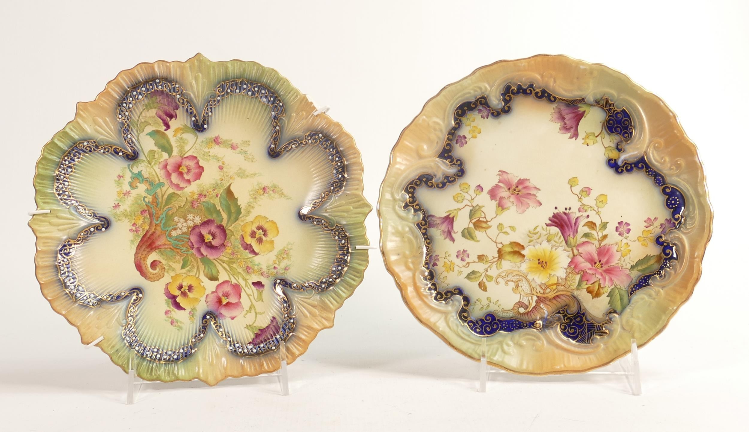 Carlton Blush ware cabinet plates with Pansy & floral decoration, by Wiltshaw & Robinson, c1900,