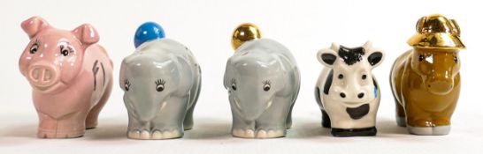 Five Wade novelty Horse, Cow, Pig & Elephant figures, some with gold highlights, mostly signed &