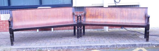 Pair of early 20th century mahogany benches, on solid bulbous supports with bentwood veneer shaped