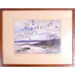 Peter Scott, signed print "Greylags rounding up to Settle", in wood frame. 18 x 25cm.