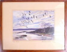 Peter Scott, signed print "Greylags rounding up to Settle", in wood frame. 18 x 25cm.