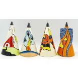 Four Lorna Bailey conical sugar shakers - Bursley Way conical sugar shaker, mark on base "M", height