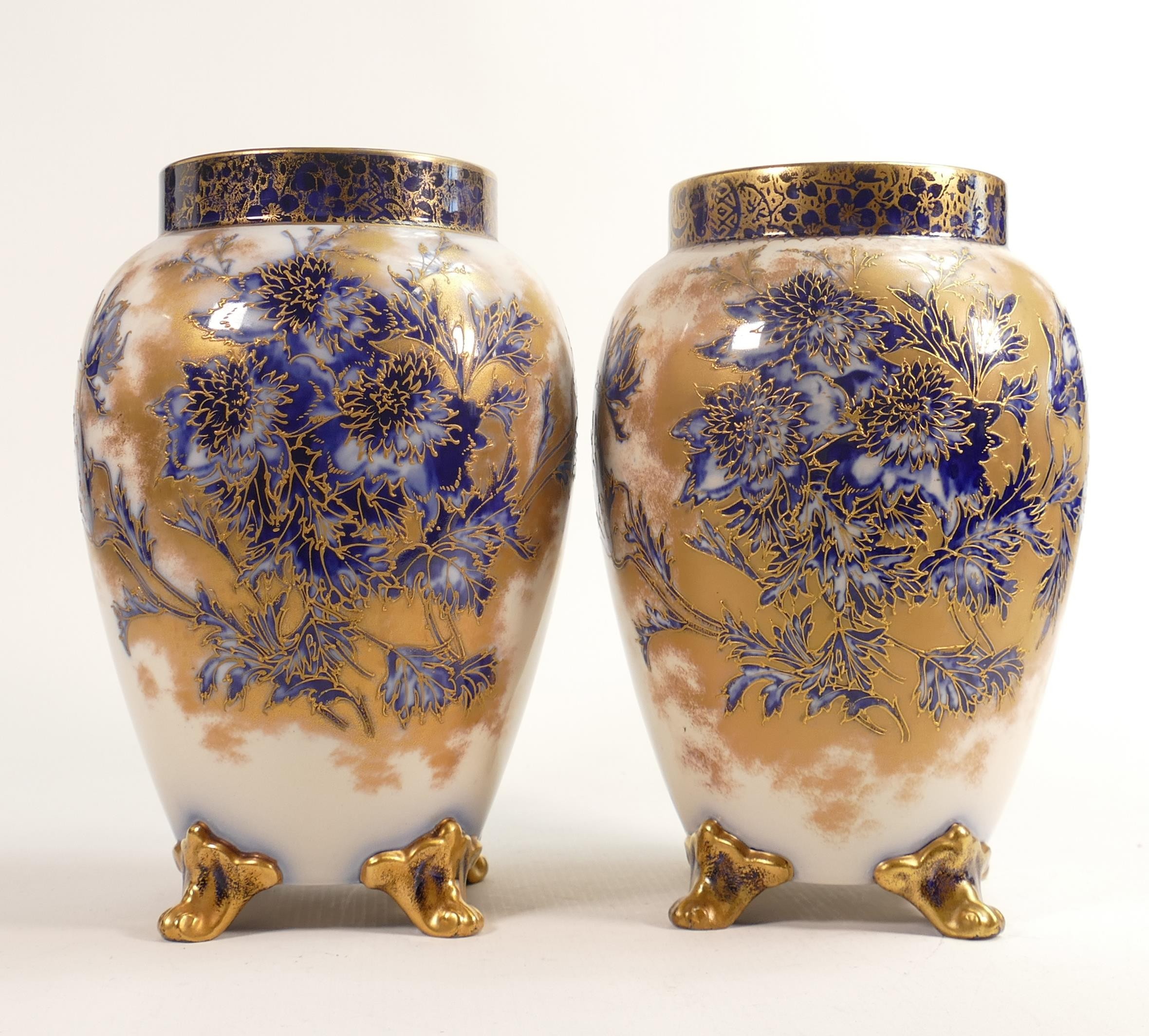 Pair of Carlton Blush ware large footed vase with blue & white floral decoration, by Wiltshaw &