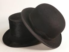 Large sized Battersby & Co. London & Densems top hat & top bowler vintage hats, approx 55cm (2)