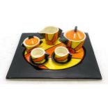 Lorna Bailey tea set on tray, 'Sunburst' consisting of tea pot, milk jug, sugar bowl and 2 cups