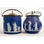 Two Wedgwood dip blue biscuit barrels with silver plated mounts, tallest 15cm (2)