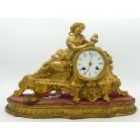 19th century French gilt metal mantle clock on plinth, missing glass & key, height 23cm.