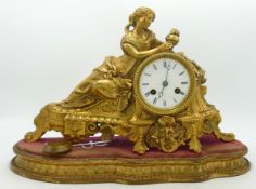 19th century French gilt metal mantle clock on plinth, missing glass & key, height 23cm.