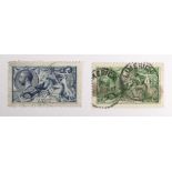 GB George V high value stamps 10/- & £1 green horizontal lines in background. (The £1 is a rare