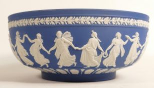 A Wedgwood white on Royal / Saxon Blue Jasper large bowl. Decorated with Dancing Hours and