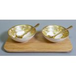 De Lamerie Empress pattern dip bowl gift set in impressive leather box, gold coloured spoons.