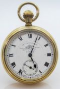 Thomas Russell Liverpool gold plated open faced gents pocket watch, winds, ticks, sets and runs