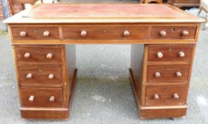 Victorian mahogany three part nine drawer desk with Leather top, height 77cm, width 121cm & depth