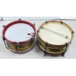 Regimental painted wood & brass Marching Snare drums, largest diameter 39.5cm (2)