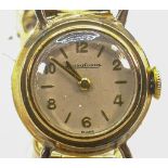 Jaeger-Lecoultre 9ct hallmarked gold ladies wrist watch & 9ct bracelet, 20mm diameter inc. button.