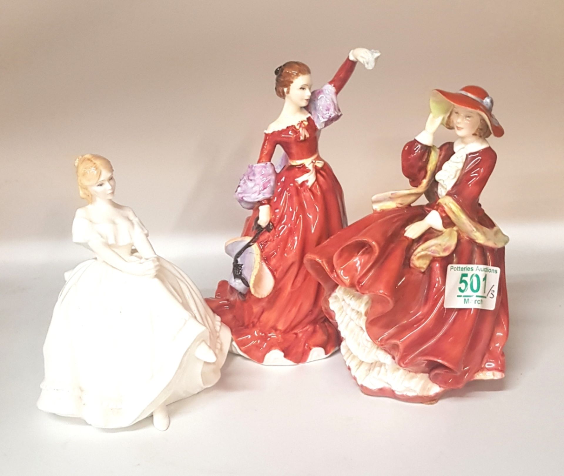 Royal Doulton figures Top o' the Hill HN1834 together with Heather HN2958 and Fond Farewell