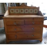 Victorian Pine chest of 4 drawers (2 large, 2 small) with decorative tiled back panel 104cm W, 102cm