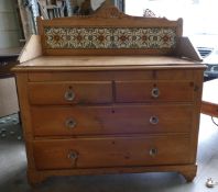 Victorian Pine chest of 4 drawers (2 large, 2 small) with decorative tiled back panel 104cm W, 102cm