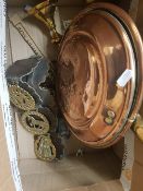 A mixed collection of items to include vintage Copper Bed Warmer, Leather Set Horse Brass's etc (2)