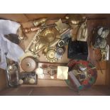 A mixed collection of metal ware items to include postage scales, mining ornaments, horse brasses,